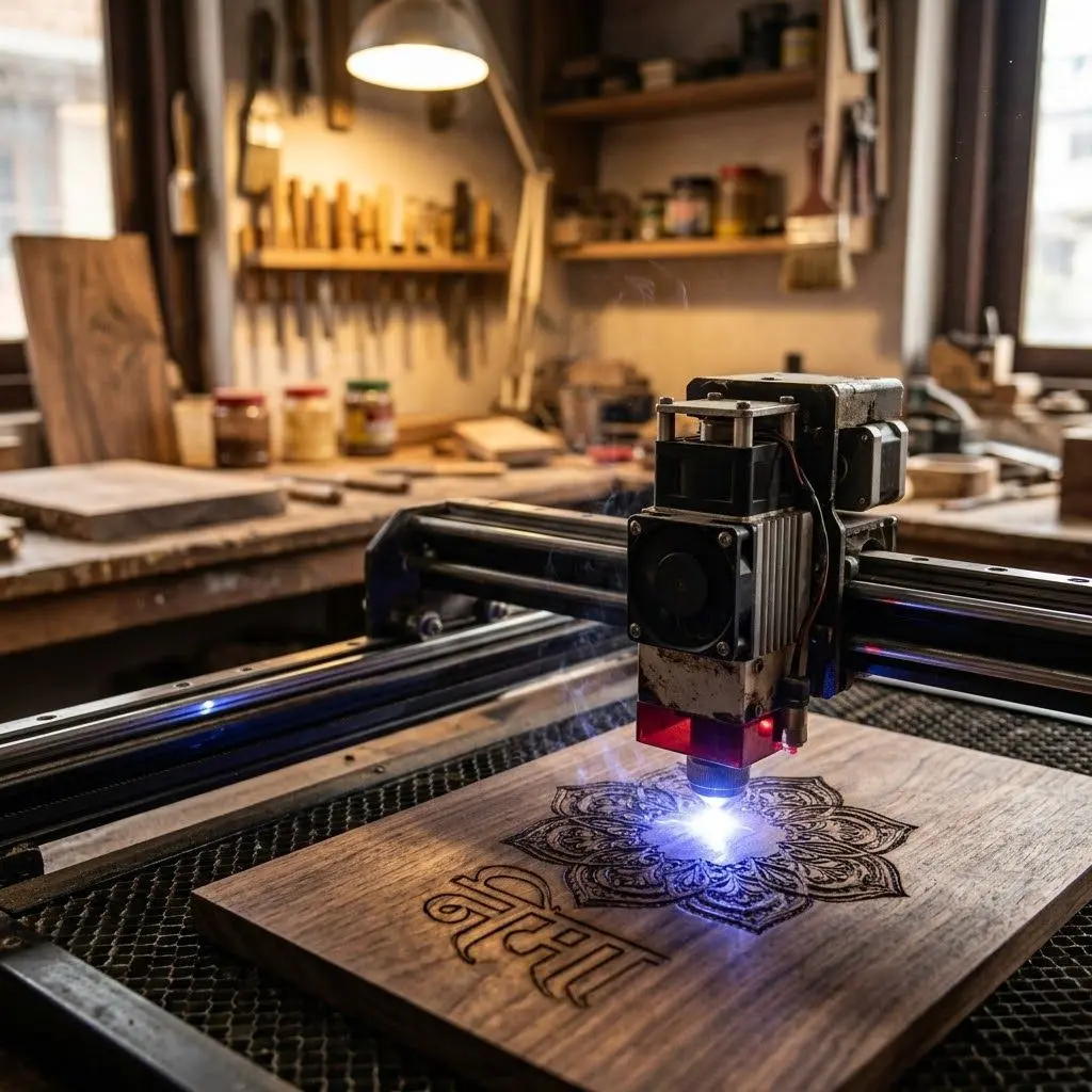 Laser engraving a personalized gift in the Giftmandu Kathmandu workshop