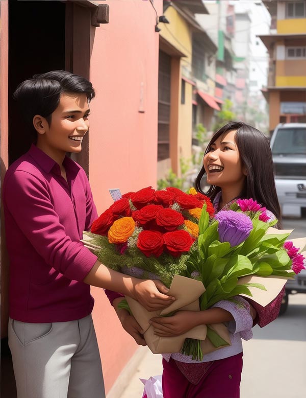 A Giftmandu delivery boy delivering flowers in Kathmandu, Nepal