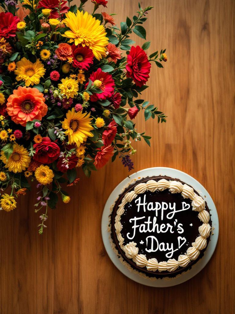Chocolate and vanilla cake with fresh flowers on a table, same-day Father’s Day gift in Nepal