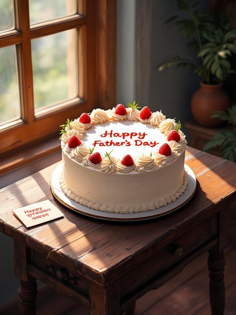 Rich chocolate Father’s Day cake on a wooden table with subtle decorations, natural sunlight, and a small Nepali card reading ‘Buwa ko Mukh Herne Din 2025