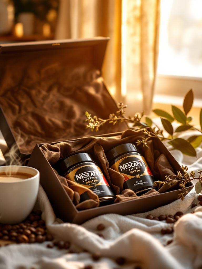 Premium coffee gift set with beans, cups, and accessories arranged neatly on wooden surface, soft natural light, realistic, high-resolution product image.