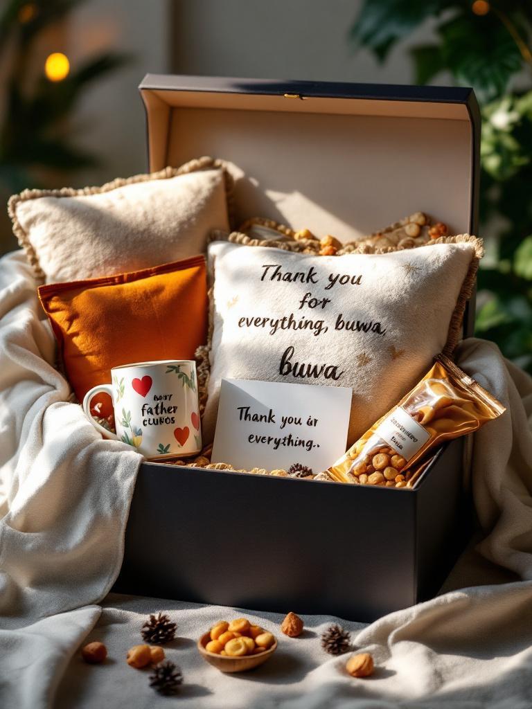 Premium DIY gift hamper in a luxury gift box, containing a personalized mug, custom cushion, snacks, and a handwritten note, beautifully arranged for Father’s Day Nepal 2025