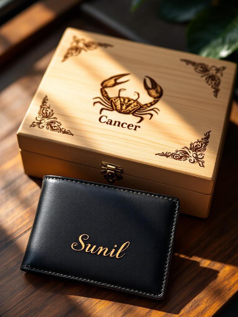 Custom HZ wallet with Zodiac sign and name engraved wooden box, a personalized Father’s Day gift