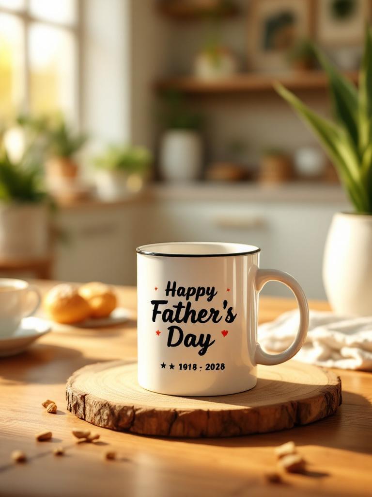 Personalized ceramic mug with father’s name and a heartfelt quote, filled with coffee, on a wooden table, cozy and realistic Father’s Day Nepal 2025 gift