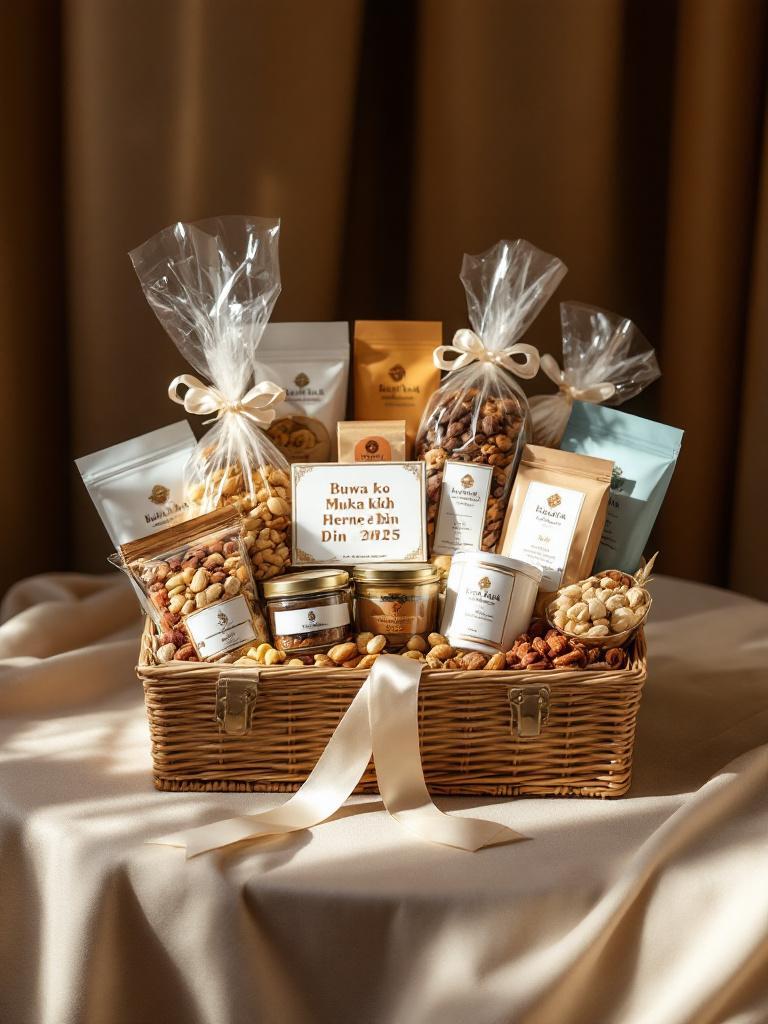 Personalized Father’s Day food hamper featuring nuts, sweets, teas, and snacks, with a handwritten Nepali card reading ‘Buwa ko Mukh Herne Din 2025’ on a cozy wooden table