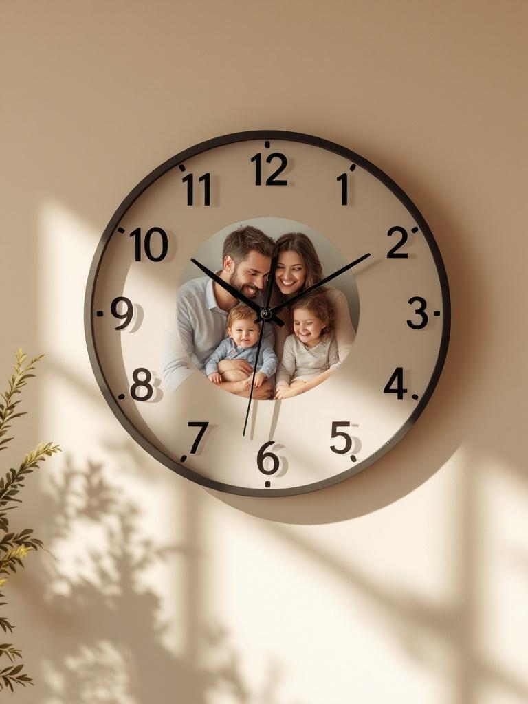 Front-facing personalized wall clock with a family photo in the center, displayed against a plain neutral background, premium Father’s Day Nepal 2025 gift