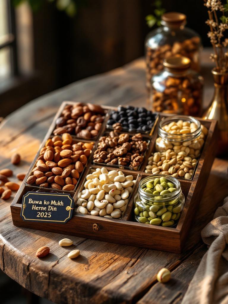 Premium dry nuts gift hamper with neatly arranged almonds, cashews, walnuts, and pistachios in jars, with warm natural light and a Nepali Father’s Day tag