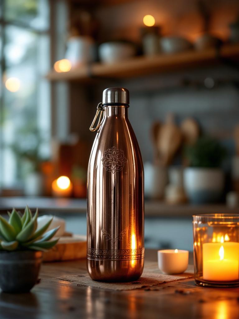 Customized copper water bottle with an engraved message