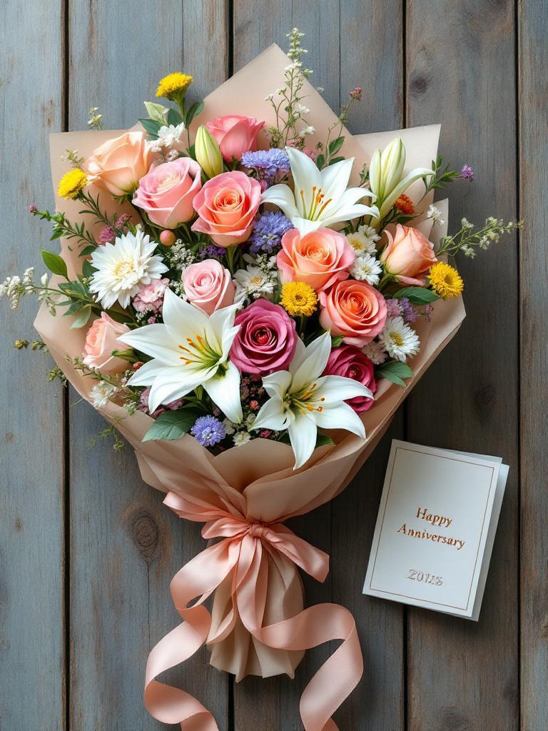 Fresh flower bouquet with custom anniversary greeting card