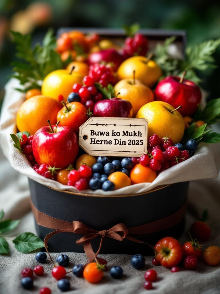Vibrant fresh fruit basket with mangoes, apples, papayas, and berries on a wooden table, with natural light and a Father’s Day tag in Nepali