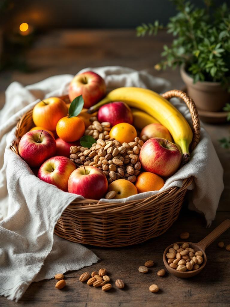 Healthy gift basket with fruits, berries, dry nuts, seeds, grains, oats, cheese, and dark chocolate for a nutritious and thoughtful gift – Giftmandu