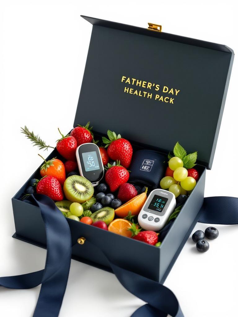 Health-conscious Father’s Day gift combo with glucometer, BP monitor, and seasonal fruits, affordable and thoughtful