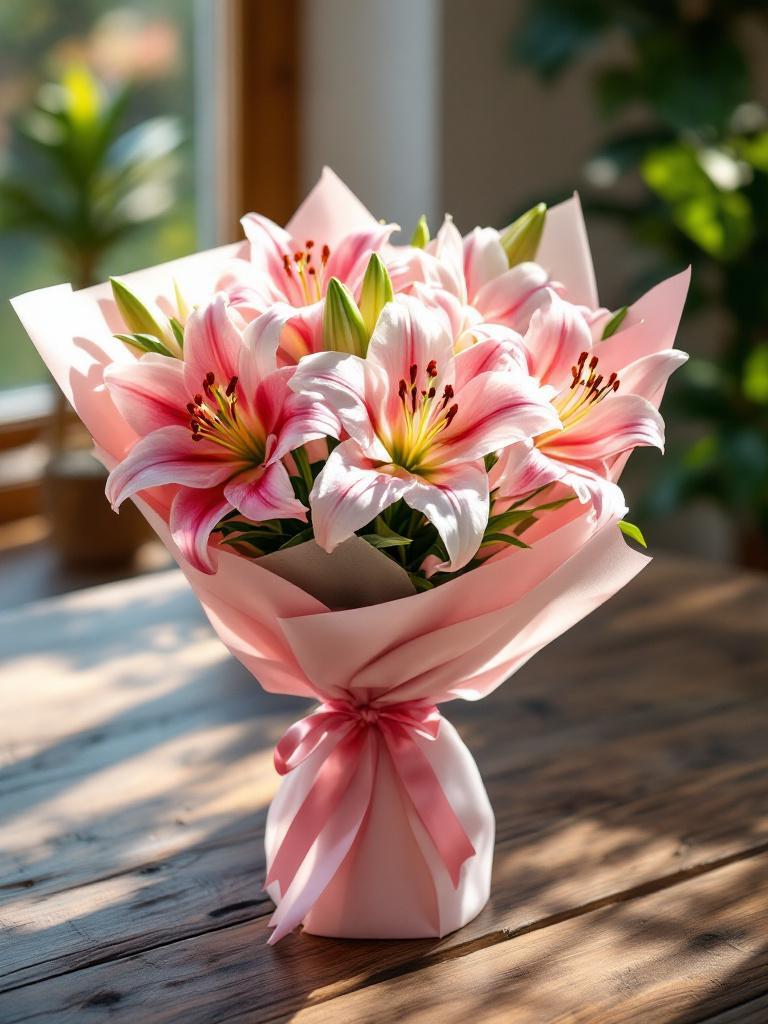  White and pink lily bouquet in wrapping for sympathy or romantic flower gift Nepal 