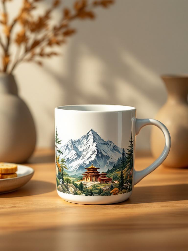 Nepali printed souvenir mugs with Everest and Buddha Eyes design