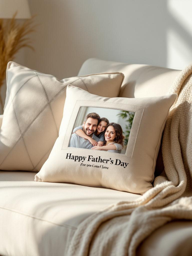 Soft custom cushion featuring a family photo or inspiring message, placed on a sofa in a minimal cozy setting, premium Father’s Day Nepal 2025 gift.