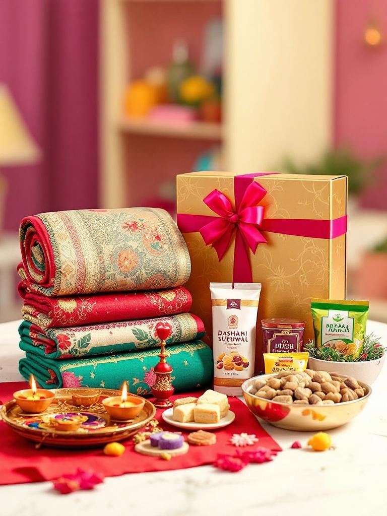 Personalized Dashain gift combo with traditional Nepali attire, simple festive décor, and sweets arranged in elegant gift boxes and baskets for Dashain celebration.