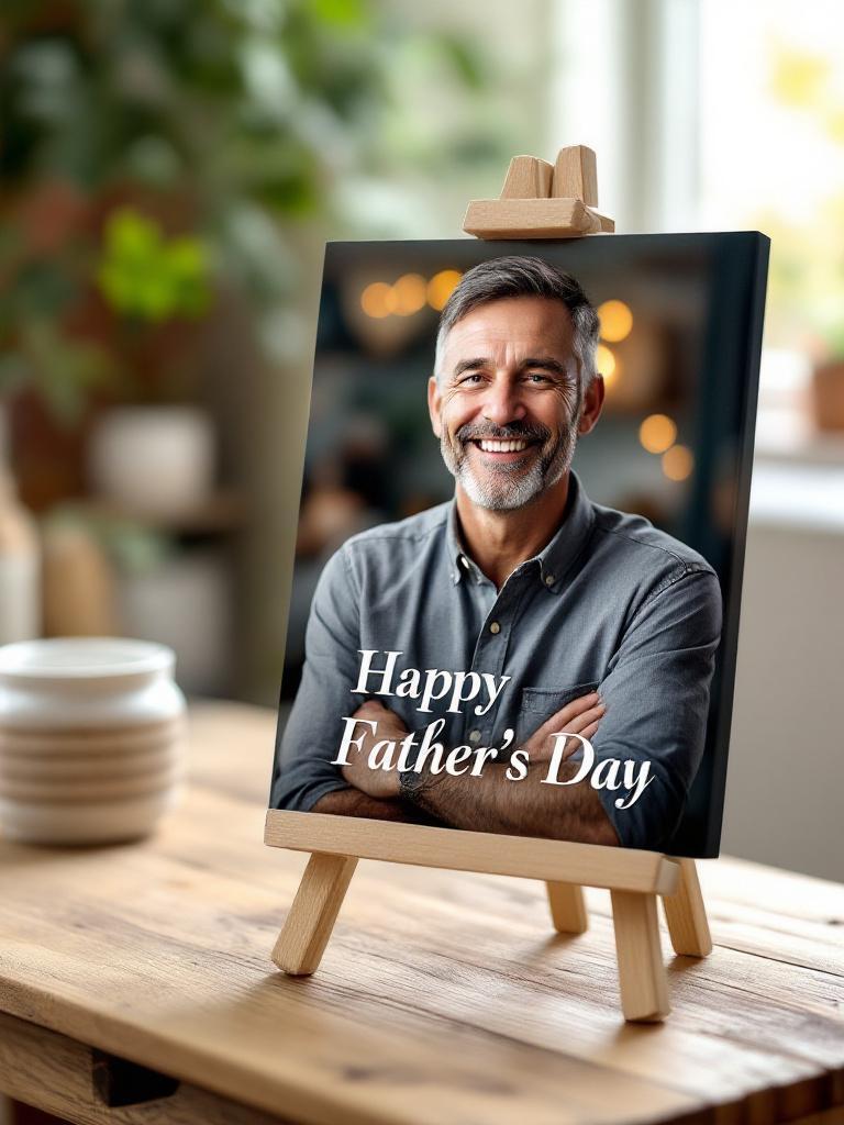Personalized photo canvas print with a family photo and special message, displayed on a neutral wall, premium Father’s Day Nepal 2025 gift