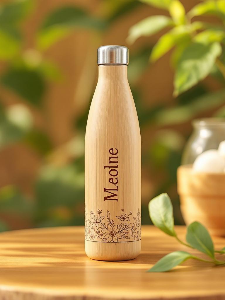 Personalized bamboo water bottle with floral design
