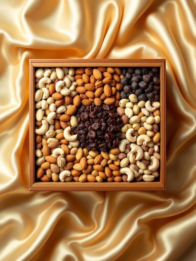 Premium dry fruits gift hamper with almonds, cashews, pistachios, and raisins arranged in an elegant wooden box with traditional Nepali design,