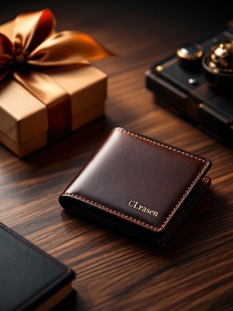 Sleek brown leather wallet with custom engraving in a gift box, perfect last-minute Father’s Day gift