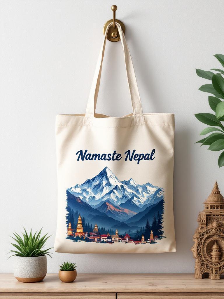 Nepali souvenir tote bags with Namaste and Everest designs