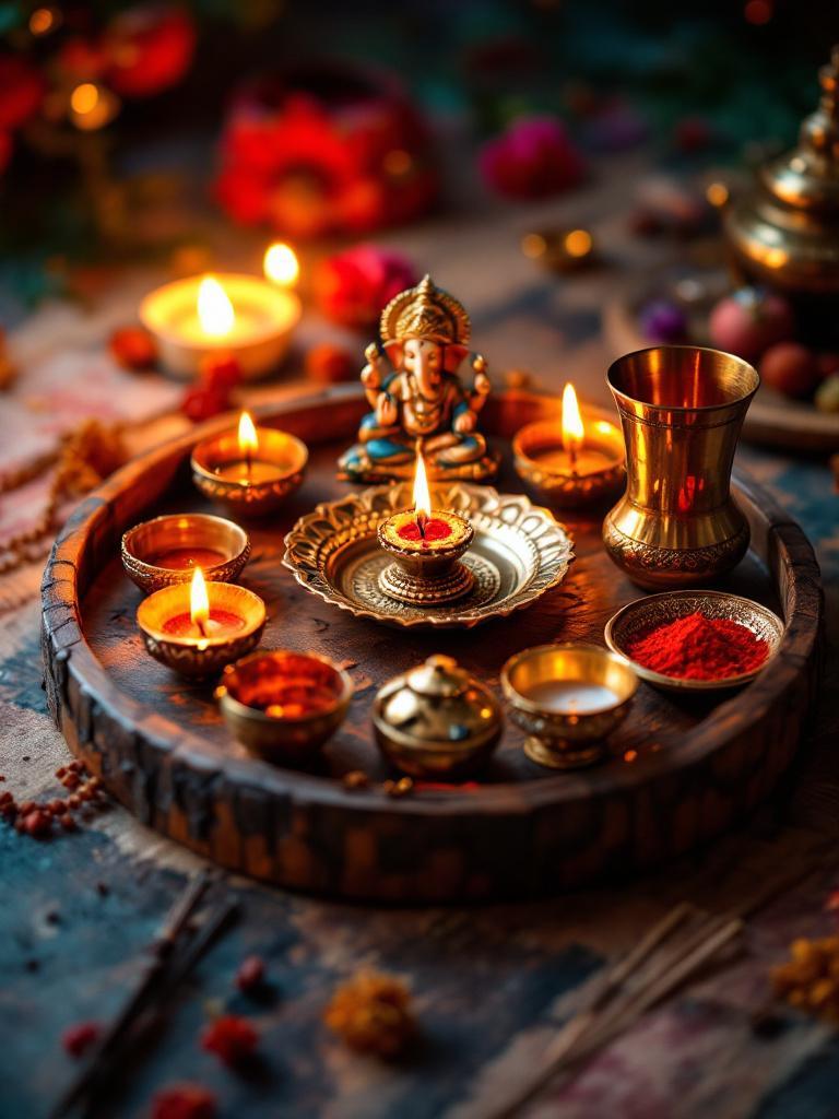 Traditional Dashain Puja Thali set with brass diyos, Lord Ganesha statue, brass aarti plate, copper water glass, agarbatti and dhoop sticks, and tika powders arranged on a wooden tray for Dashain rituals in Nepal.