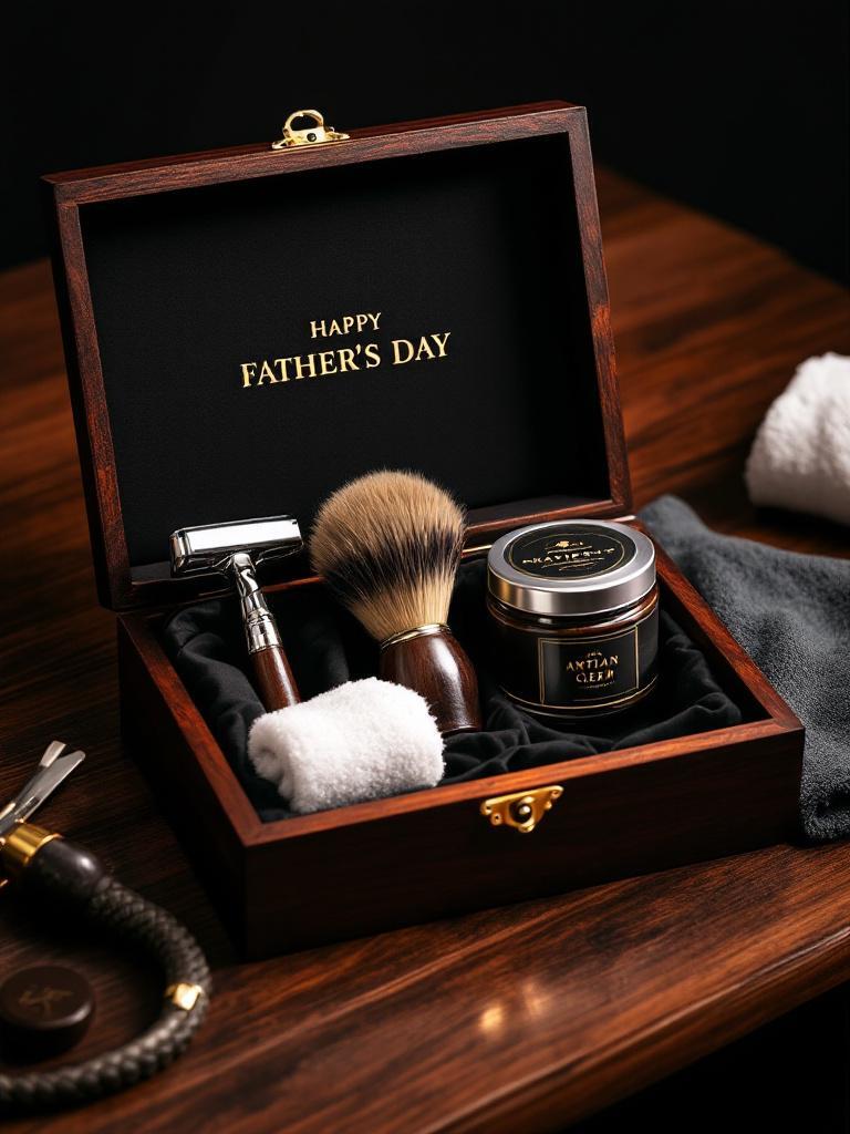 Father’s Day shaving kit with shaving tools, beard care products, and skincare essentials.