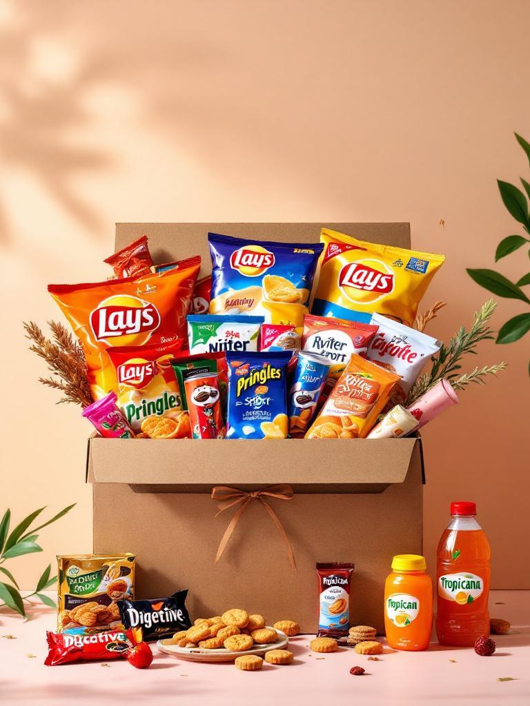 Gift hamper with chips, chocolates, biscuits and juice bottles packed in a kraft box — snack hamper delivery in Nepal