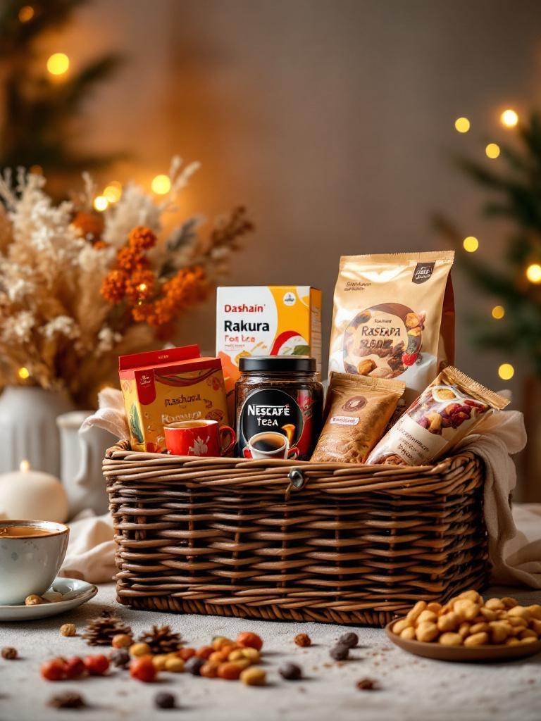 Dashain tea and coffee hamper featuring a box of Rakura tea, a jar of Nescafe coffee, and a small snack pouch, elegantly arranged in a basket with subtle festive décor for a cozy celebration.
