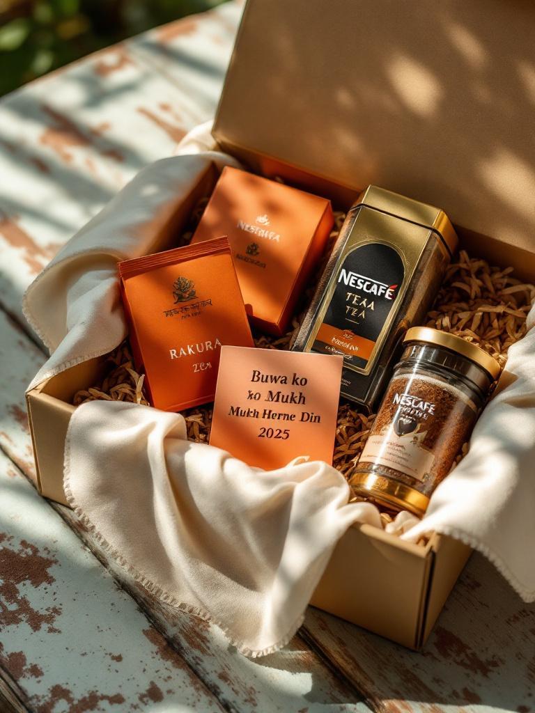 Father’s Day coffee and tea gift set with Himalayan teas, fresh coffee beans, and a steaming ceramic cup, displayed with a Nepali card on a wooden table in warm morning light.