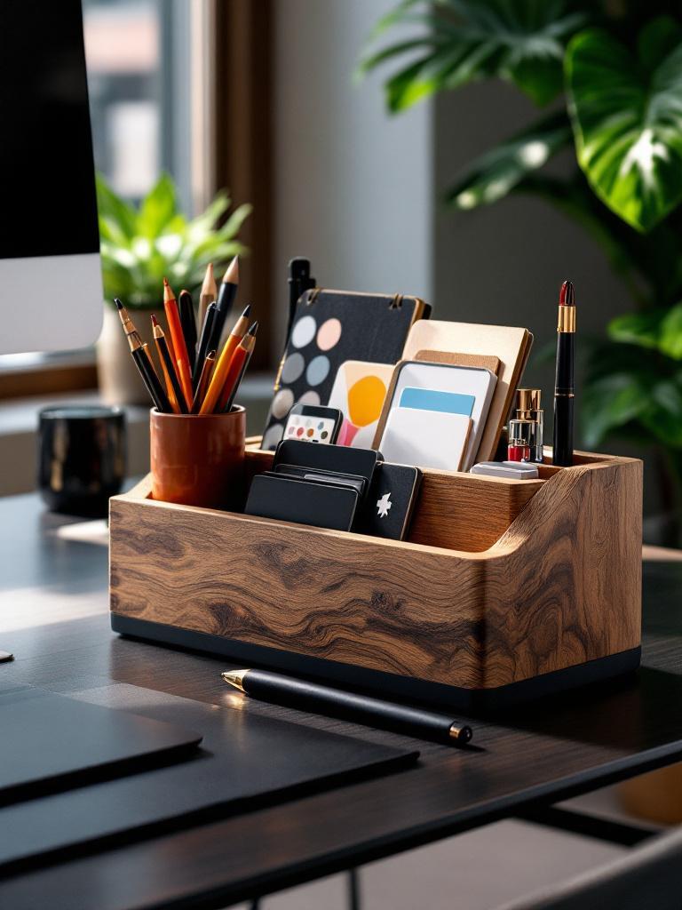Rustic wooden desk organizer for engineer dad’s workspace, practical and stylish Father’s Day gift.