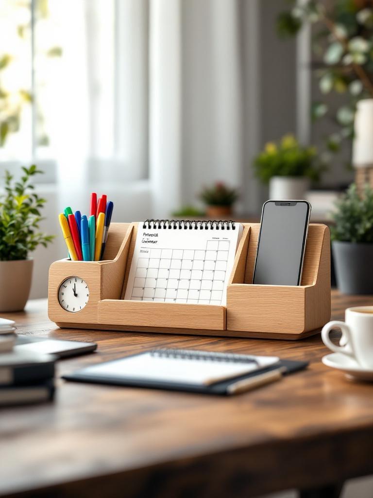 Wooden desk organizer with personalized nameplate